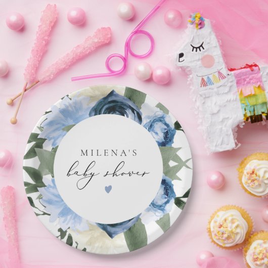 MILENAほこりっぽいブルー石板フローラボーイベビーシャワー ペーパープレート (パーティー)