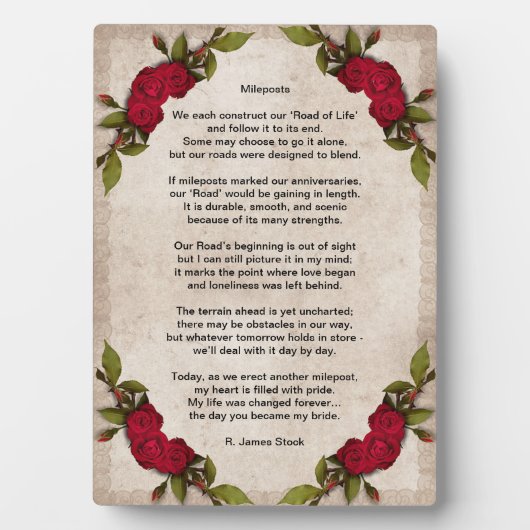 「mileposts」 – 妻への記念日の詩 フォトプラーク (正面)