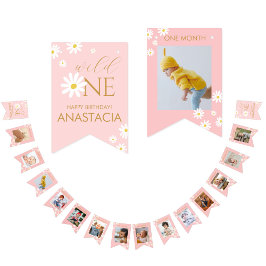 Milestone 1st Birthday Pink Photo White Daisy バンティングフラッグ