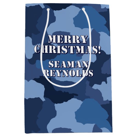 Military Blue Camouflage Custom Merry Christmas ミディアムペーパーバッグ (正面)