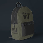Military Green Gym Bag Custom Name プリントバックパック<br><div class="desc">Sleek and customizable backpack design with minimalist text reading "Gym Bag" and personalized name option. The bag features a stylish combination of military green and dark gray, making it the perfect gift for a friend who appreciates personalized items.</div>