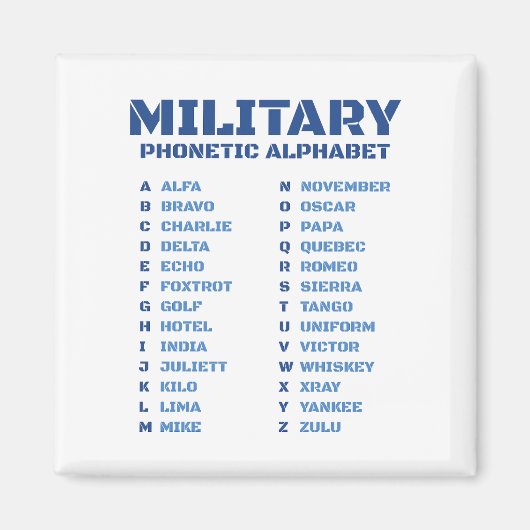 Military Phonetic Alphabet ICAO Alfa Zulu Chart マグネット (正面)
