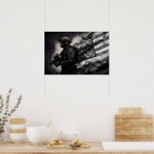 Military Smoke Ink American Flag Black & White Art ポスター (キッチン)