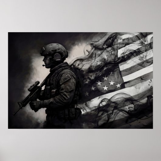 Military Smoke Ink American Flag Black & White Art ポスター (正面)