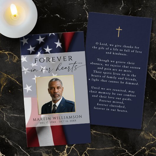 Military USA Flag Photo Cross Funeral Prayer Card
