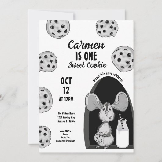 Milk and Cookies Mouse Sweet First Birthday 招待状 (正面)