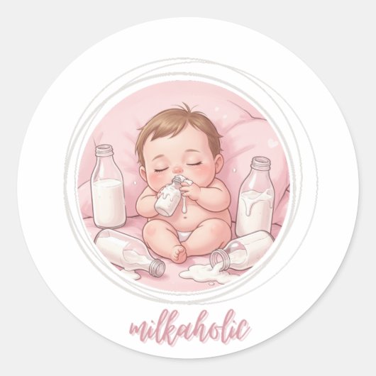 Milkaholic ベビープリント | かわいい子供部屋の面白いアート ラウンドシール (正面)