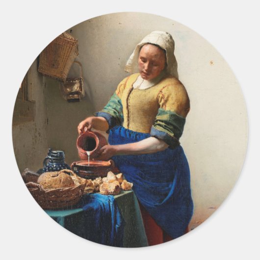 Milkmaid Kitchen Maid by Johannes Vermeer ラウンドシール (正面)
