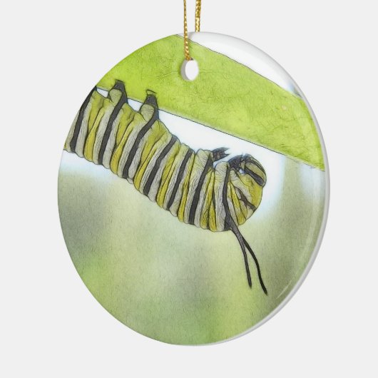 Milkweedを探検しているマダラチョウの幼虫 セラミックオーナメント (左)