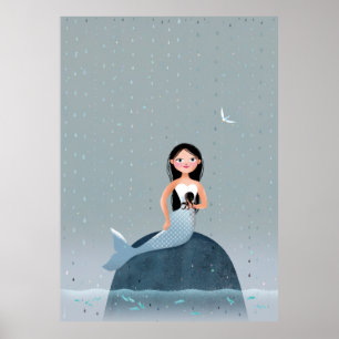 Milla Mermaid雨の子供のイラストレーションに座って ポスター