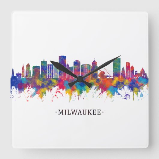 Milwaukee Wisconsin Skyline スクエア壁時計 (正面)