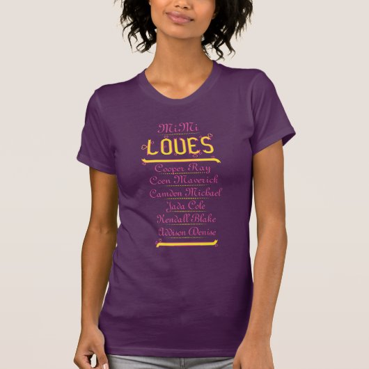 MiMi LOVES Her Grands (6人の子供 – 黄色とピンク) Tシャツ (正面)