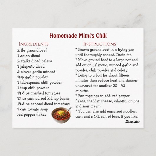 Mimi's Chili Recipe Card ポストカード (裏面)