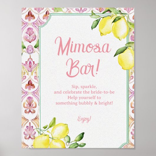 Mimosa Bar Sign Pink Yellow Lemon | Bridal Shower  ポスター (正面)