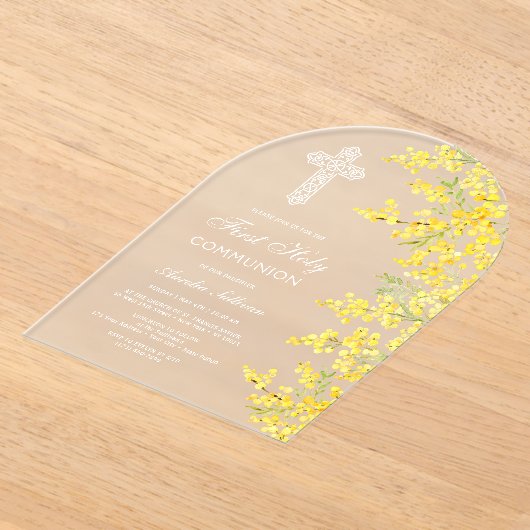 Mimosa Flowers Arch First Communion アクリル招待状 (レイダウン)