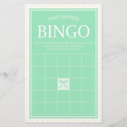 Min Baby Shower Bingo Ribbonと黄色の水玉模様 便箋 (正面)