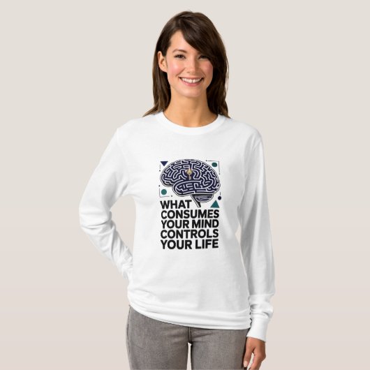 「Mind Controls Life」やる気を起こさせる引用文モダン Tシャツ (正面フル)