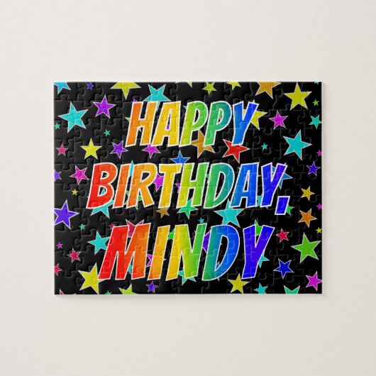 "MINDY" お名前、楽しい "HAPPY BIRTHDAY" ジグソーパズル (横)