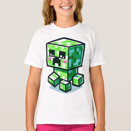 Minecraft Creeper、かわいい、Minecrafter、かわいいの女の子 Tシャツ (正面)