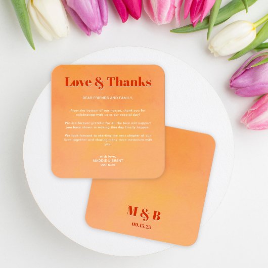 Mini Bold Orange Sunset Monogram Wedding Thank You ノートカード