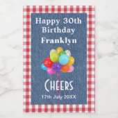 Mini Bottles Happy Birthday Gingham and Blue Denim ワインラベル (シングルラベル)