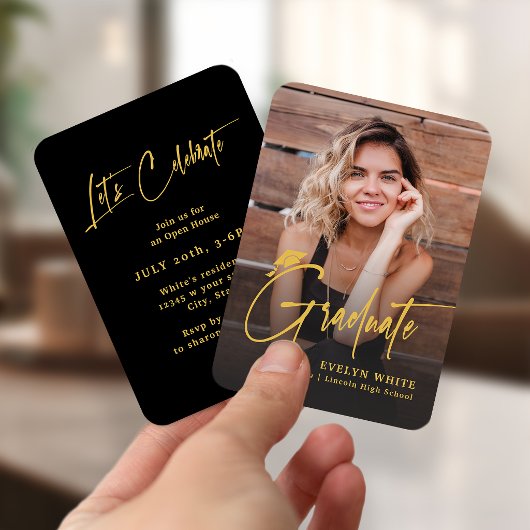 Mini Grad Cap Script Photo Graduation Invite エンクロージャーカード