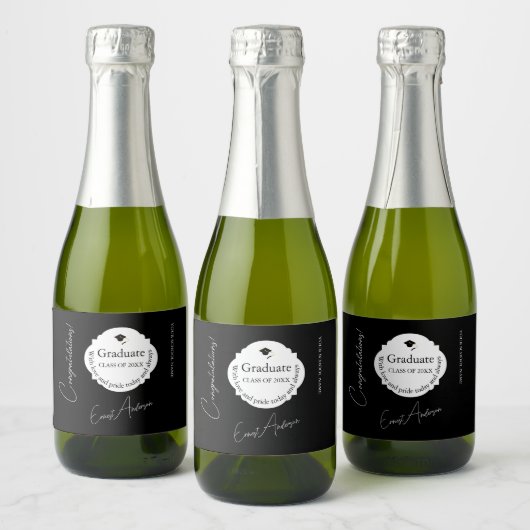 Mini Graduation Thank You Black & White スパークリングワインラベル (ボトル)