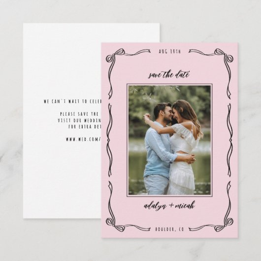 Mini pink whimsical bow photo 出欠カード (正面/裏面)