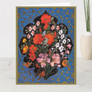 Miniatura del arte persa con escudo de flores y av カード