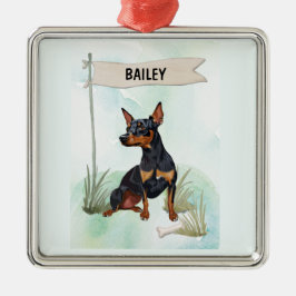 Miniature Pinscher Watercolor Personalized Dog メタルオーナメント