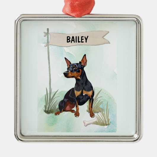 Miniature Pinscher Watercolor Personalized Dog メタルオーナメント (正面)