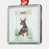 Miniature Pinscher Watercolor Personalized Dog メタルオーナメント (左)