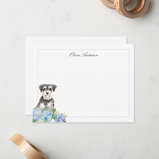 Miniature Schnauzer Blue Hydrangea Personalized ノートカード (正面/裏面インサイチュ)