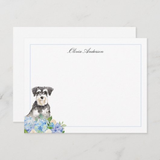 Miniature Schnauzer Blue Hydrangea Personalized ノートカード (正面/裏面)