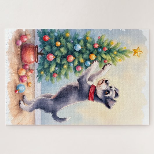 Miniature Schnauzer Decorating Christmas Tree Dog  ジグソーパズル (横)