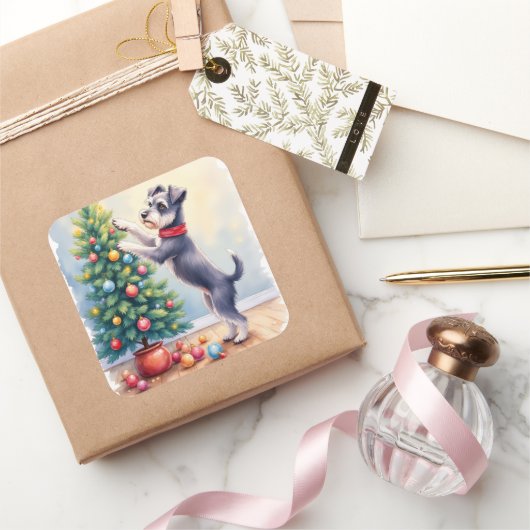 Miniature Schnauzer Decorating Christmas Tree Dog  スクエアシール (ギフト)