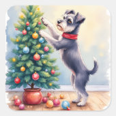 Miniature Schnauzer Decorating Christmas Tree Dog  スクエアシール (正面)