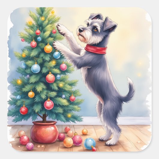 Miniature Schnauzer Decorating Christmas Tree Dog  スクエアシール (正面)