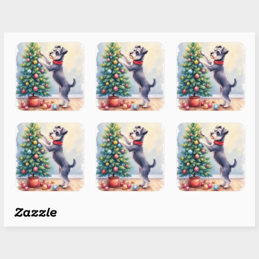 Miniature Schnauzer Decorating Christmas Tree Dog  スクエアシール (シート)