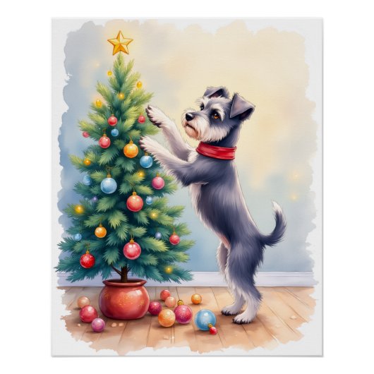 Miniature Schnauzer Decorating Christmas Tree Dog  ポスター (正面)