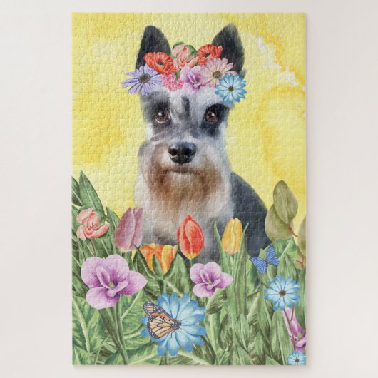 Miniature Schnauzer Dog Flowers ジグソーパズル (縦)