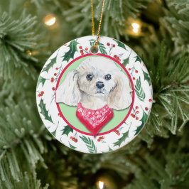 Miniature White Poodle Holly Border セラミックオーナメント