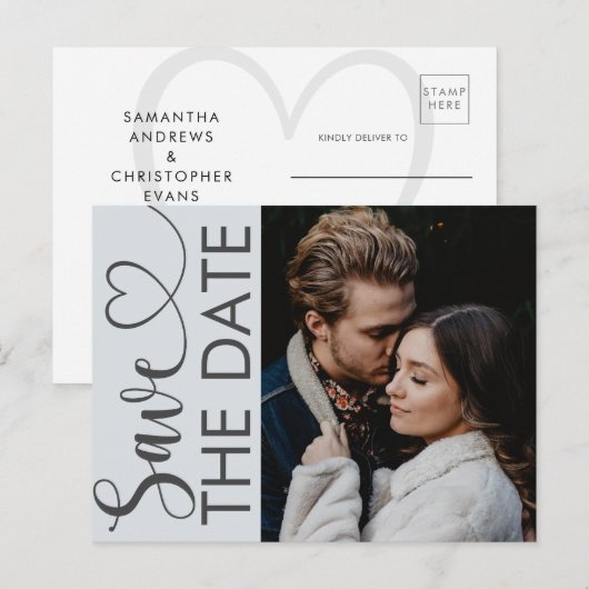 Minimal ダスティブルー Photo & Heart Save the Date 案内状 (正面/裏面)