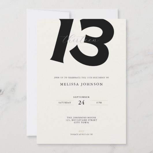 Minimal 13th Birthday Invitation: Bold Typography 招待状 (正面)