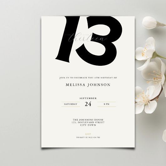 Minimal 13th Birthday Invitation: Bold Typography 招待状