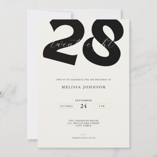 Minimal 28th Birthday Invitation - Bold Typo 招待状 (正面)