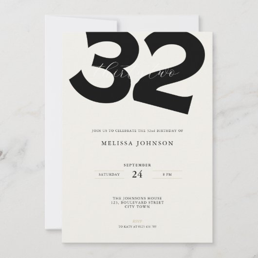 Minimal 32nd Birthday Invitation - Bold Typo 招待状 (正面)