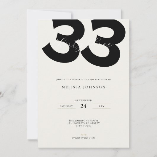 Minimal 33rd Birthday Invitation - Bold Typo 招待状 (正面)