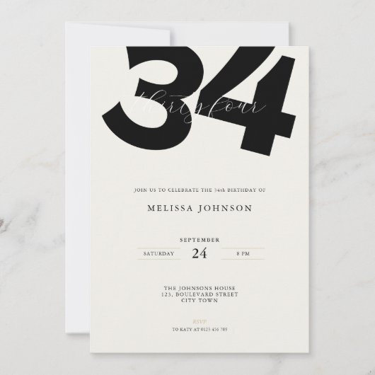 Minimal 34th Birthday Invitation - Bold Typo 招待状 (正面)