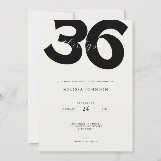 Minimal 36th Birthday Invitation - Bold Typo 招待状 (正面)